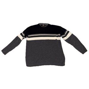 Vintage Y2K X-treme Gear Mens Grey Black Striped Crew Neck Sweater Large